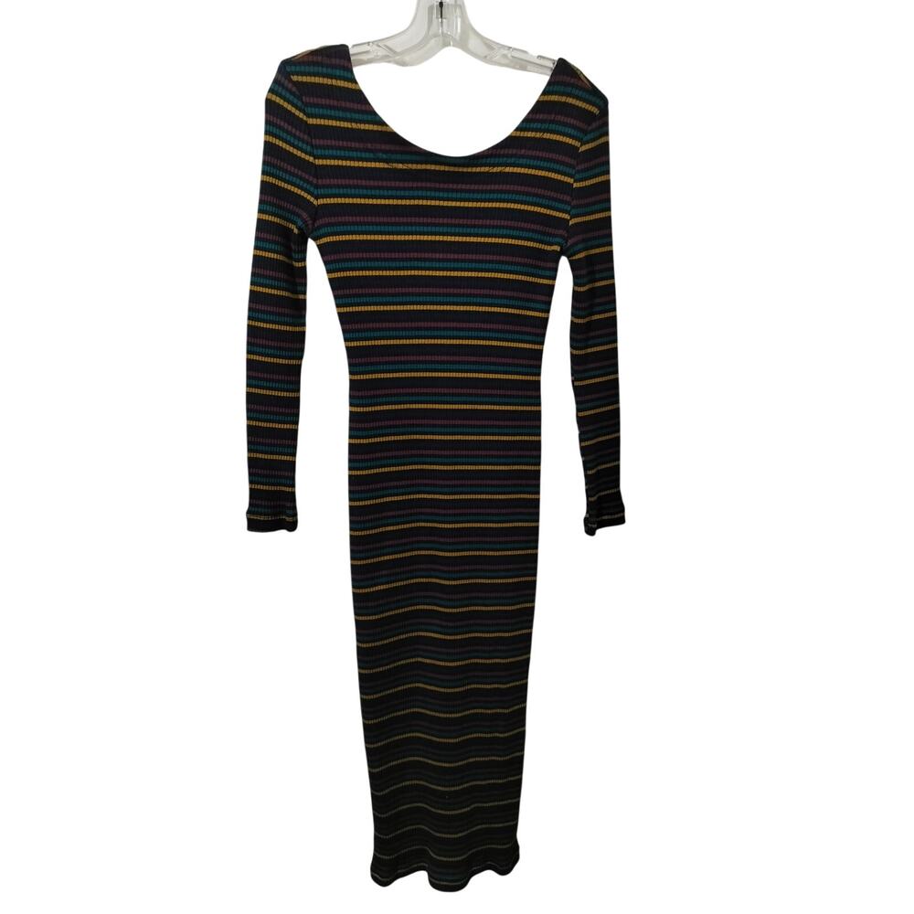 5942)Vtg 90s All That Jazz Multicolor Stripe Bodycon Ribbed Knit Dress Size 9/10